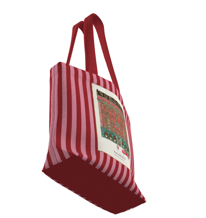 Everyday Tote Bag, Fortnum & Mason Storefront Illustration, London Store Watercolor Artwork on Striped Background
