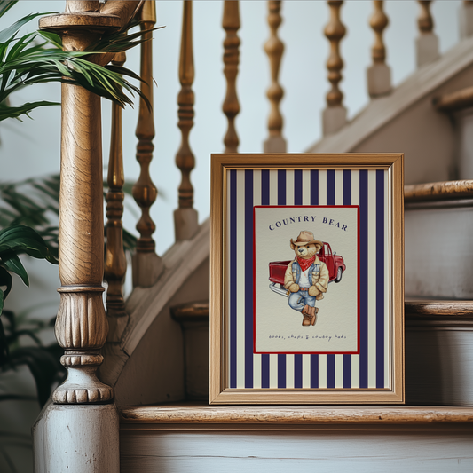 Country Bear Vintage Striped Truck Illustration, Cowboy Bear Artwork