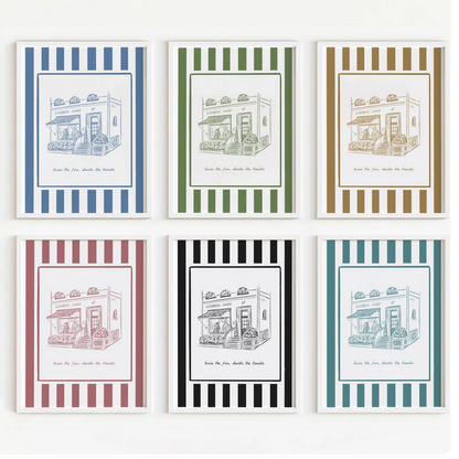 The Parent Trap Movie Art Illustration Print London Shop, Elizabeth James Bridal Store, Striped Artwork