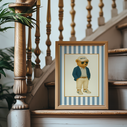 Vintage Nantucket Bear Print, Coastal Striped Artwork in Denim Blue