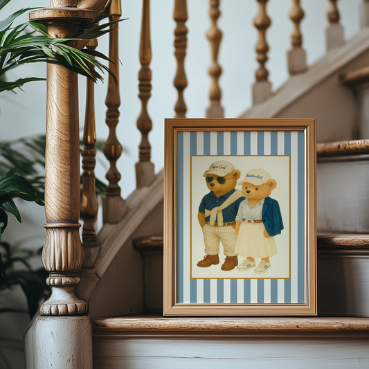 Vintage Cape Cod and Nantucket Bear Print, Coastal Striped Artwork in Denim Blue