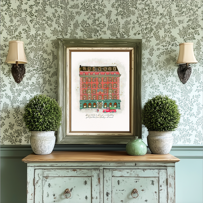 Fortnum & Mason at Christmas, London Store Watercolor Illustration