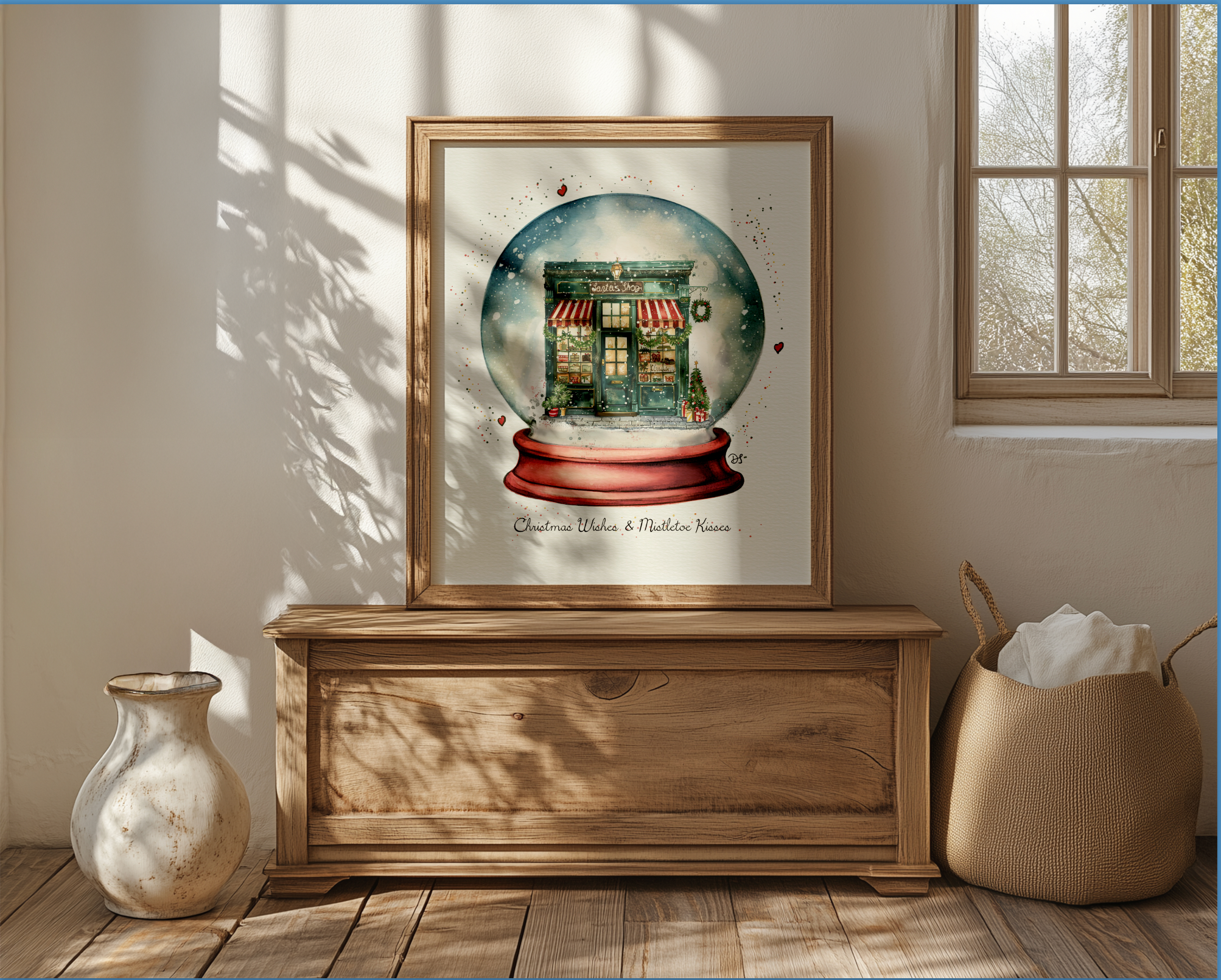 Santa's Workshop Snow Globe Illustration, Christmas Artwork in Watercolor and Gouache