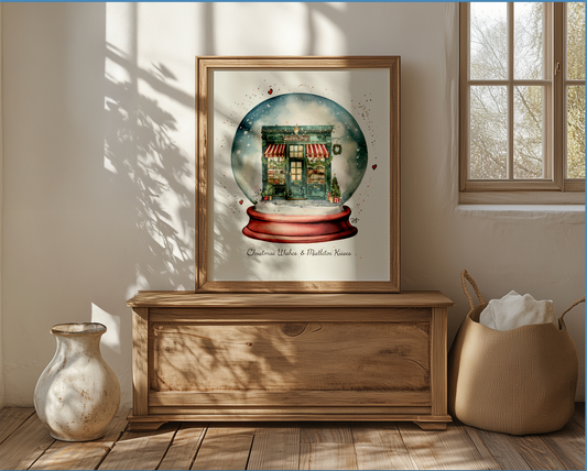 Santa's Workshop Snow Globe Illustration, Christmas Artwork in Watercolor and Gouache