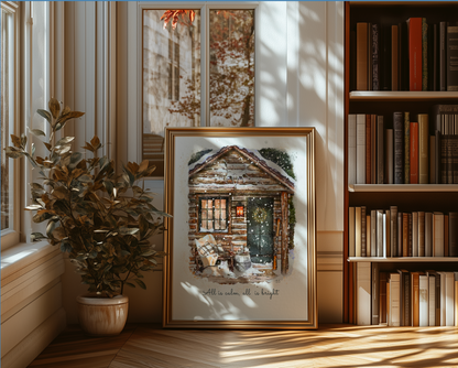 Alpine Cottage Holiday Art, Snowy Christmas Cottage Illustration