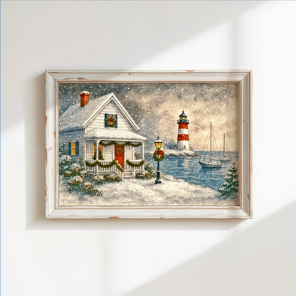 Nantucket Harbor Sailboat Art Nantucket Harbor in Winter, Holiday Wall Art, Nantucket Illustration