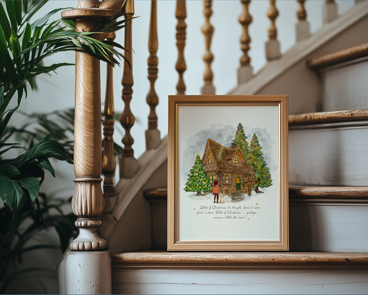 Alpine Lodge Holiday Art, Snowy Christmas Cottage Illustration, Holiday Decor Print
