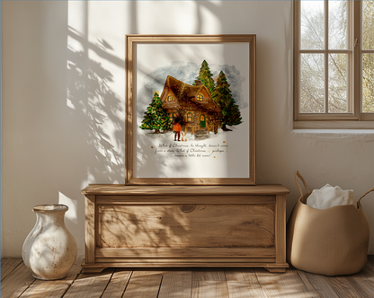 Alpine Lodge Holiday Art, Snowy Christmas Cottage Illustration, Holiday Decor Print