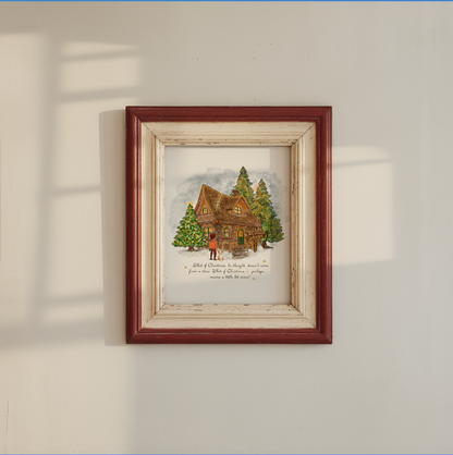 Alpine Lodge Holiday Art, Snowy Christmas Cottage Illustration, Holiday Decor Print
