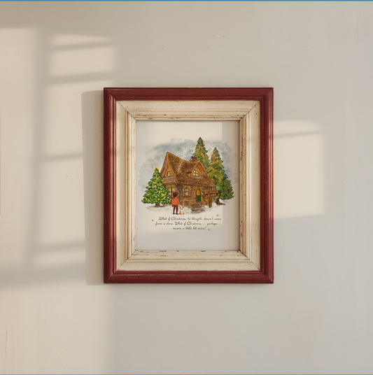Alpine Lodge Holiday Art, Snowy Christmas Cottage Illustration, Holiday Decor Print