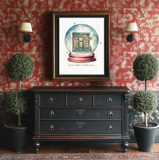 Santa's Workshop Snow Globe Illustration, Christmas Artwork in Watercolor and Gouache