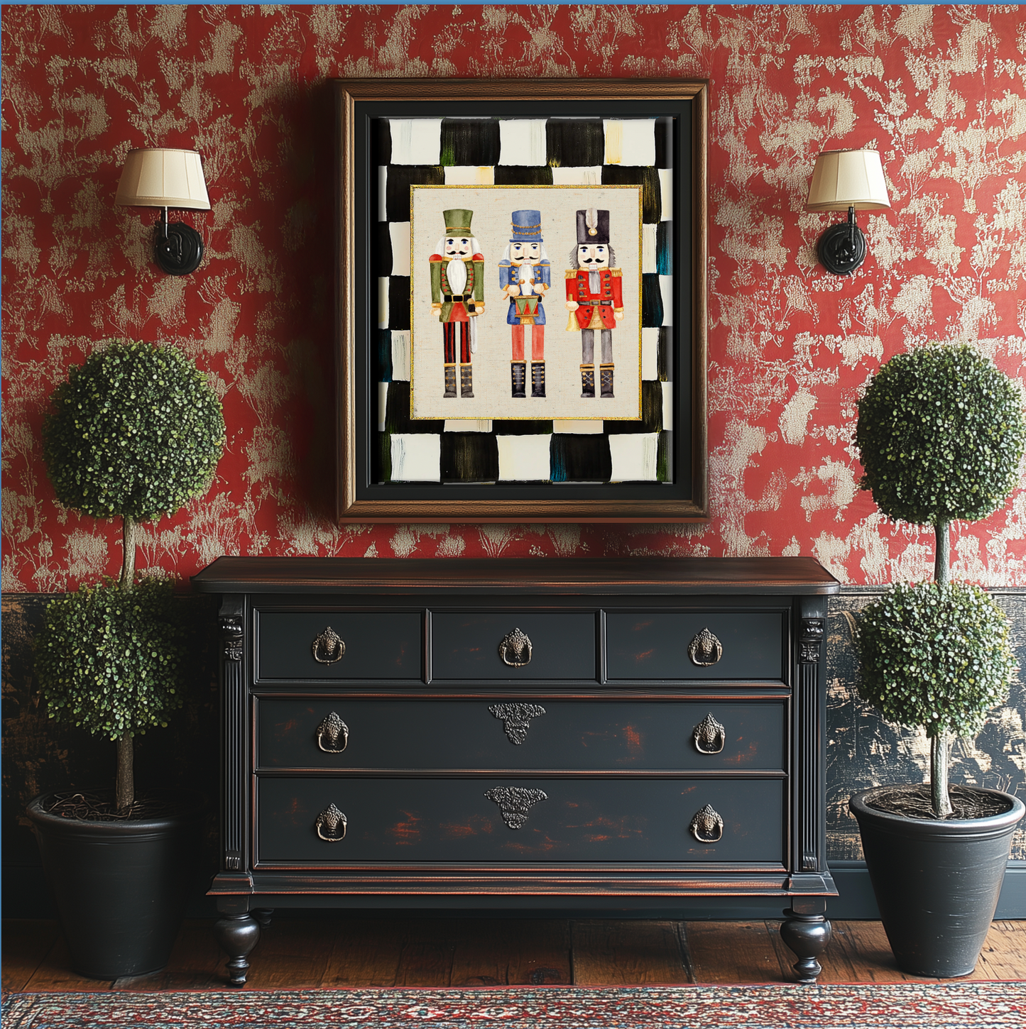 Nutcracker Holiday Print, Christmas Art, Three Kings Nutcracker Artwork, Holiday Wall Art Black Check