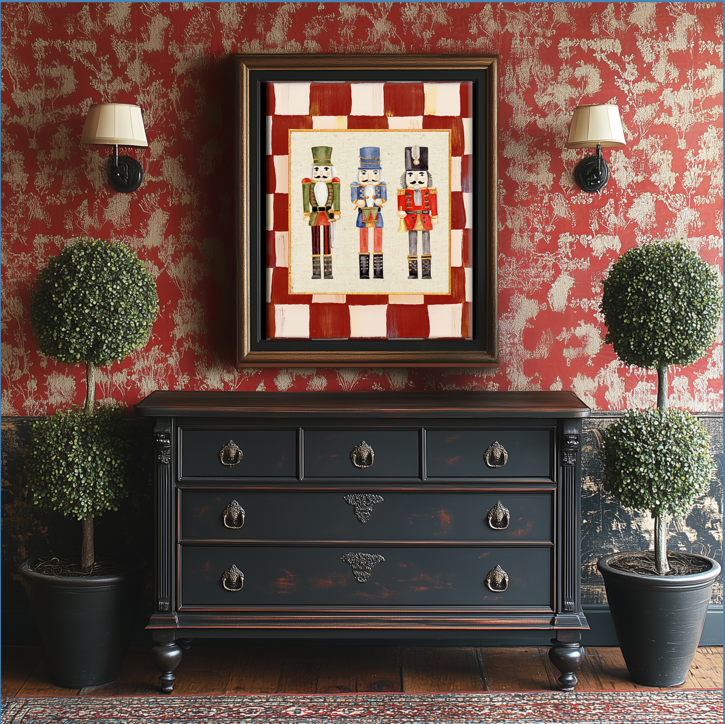 Nutcracker Holiday Print, Christmas Art, Three Kings Nutcracker Artwork, Holiday Wall Art in Red Check