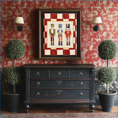 Nutcracker Holiday Print, Christmas Art, Three Kings Nutcracker Artwork, Holiday Wall Art in Red Check