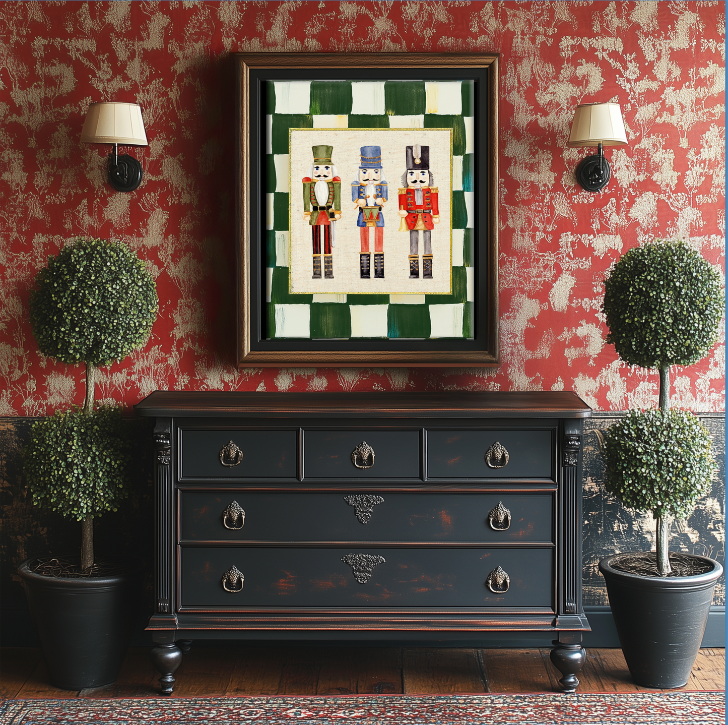 Nutcracker Holiday Print, Christmas Art, Three Kings Nutcracker Artwork, Holiday Wall Art , Green Check