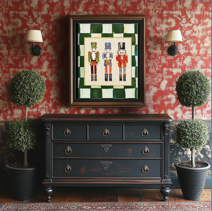 Nutcracker Holiday Print, Christmas Art, Three Kings Nutcracker Artwork, Holiday Wall Art , Green Check