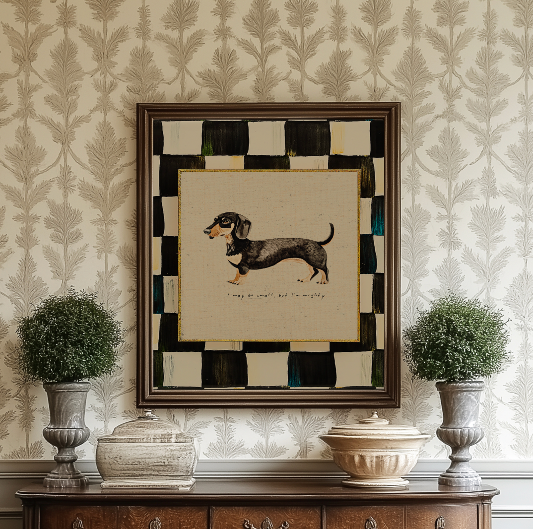 Dachshund Sausage Dog Print, Black and White Check Wall Art, Dachshund Illustration, Sausage Dog Artwork