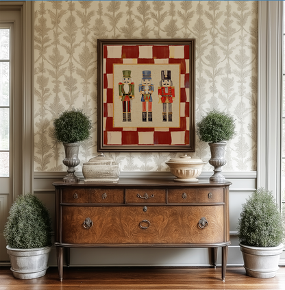 Nutcracker Holiday Print, Christmas Art, Three Kings Nutcracker Artwork, Holiday Wall Art in Red Check