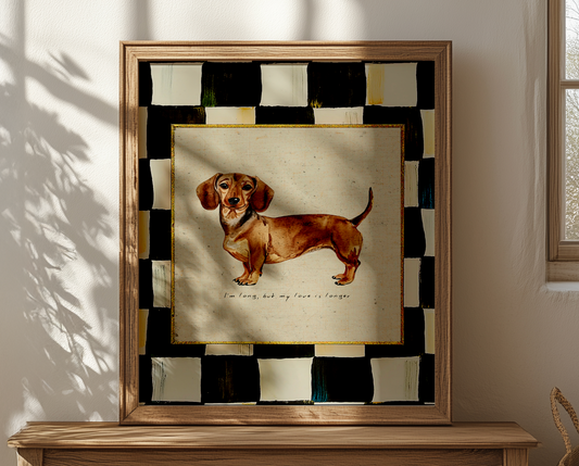 Brown Dachshund Print, Black and White Check Wall Art, Sausage Dog Illustration, Dachshund Artwork