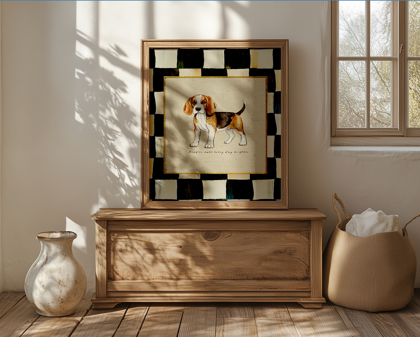 Beagle Dog Print, Black and White Check Wall Art, Beagle Illustration, Dog Lover Artwork