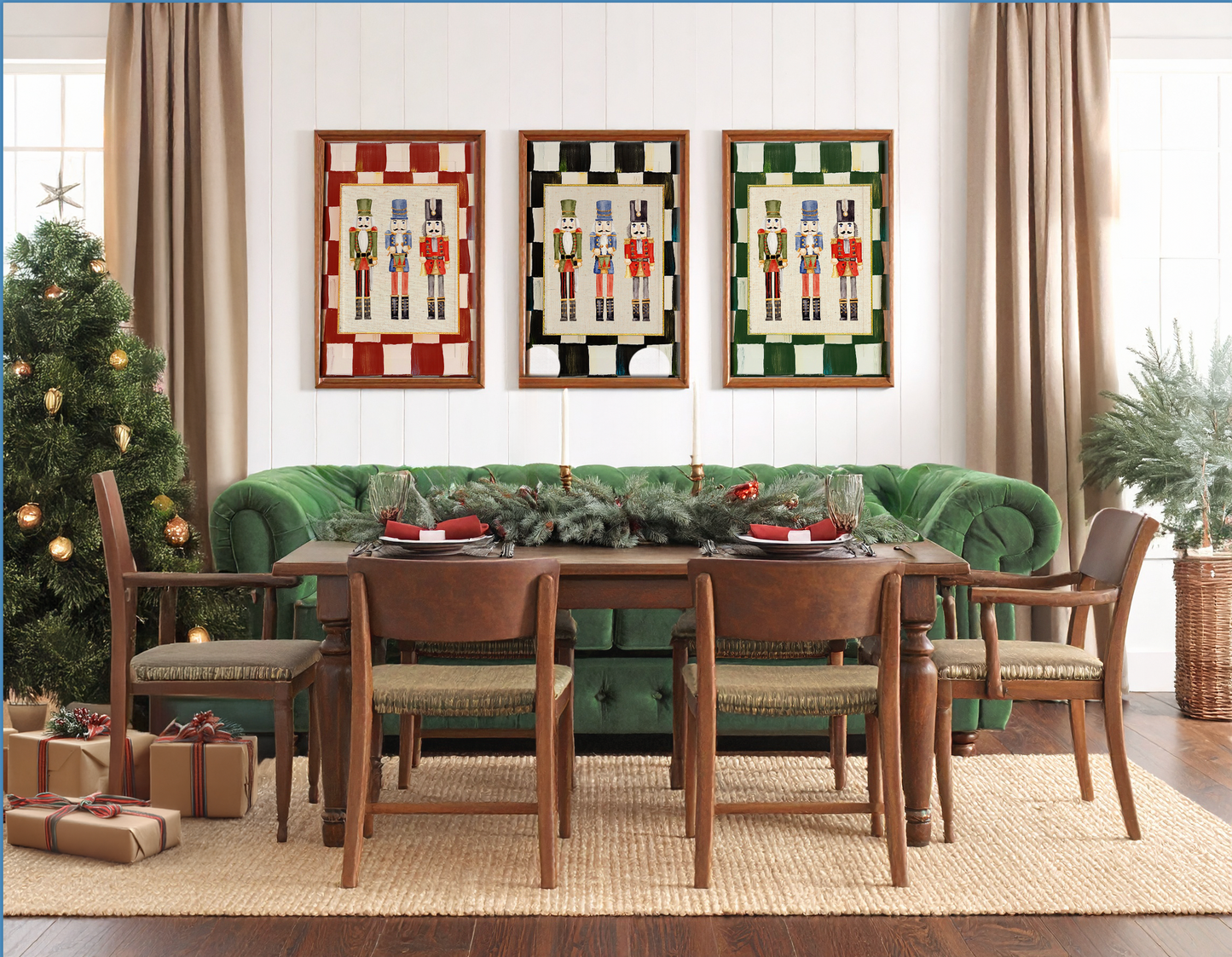 Nutcracker Holiday Print, Christmas Art, Three Kings Nutcracker Artwork, Holiday Wall Art in Red Check