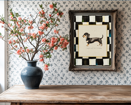 Dachshund Sausage Dog Print, Black and White Check Wall Art, Dachshund Illustration, Sausage Dog Artwork