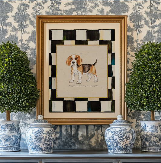 Beagle Dog Print, Black and White Check Wall Art, Beagle Illustration, Dog Lover Artwork