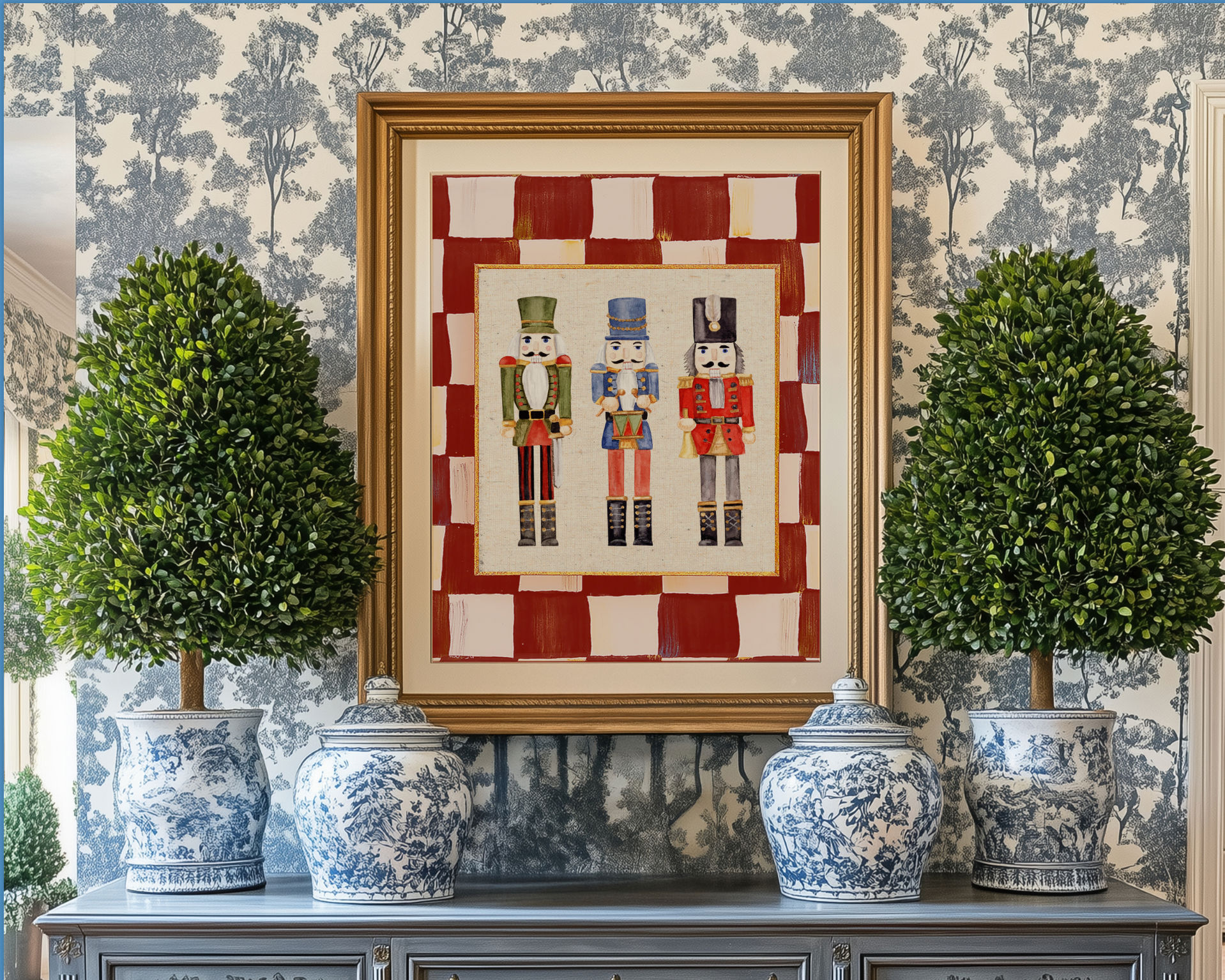 Nutcracker Holiday Print, Christmas Art, Three Kings Nutcracker Artwork, Holiday Wall Art in Red Check