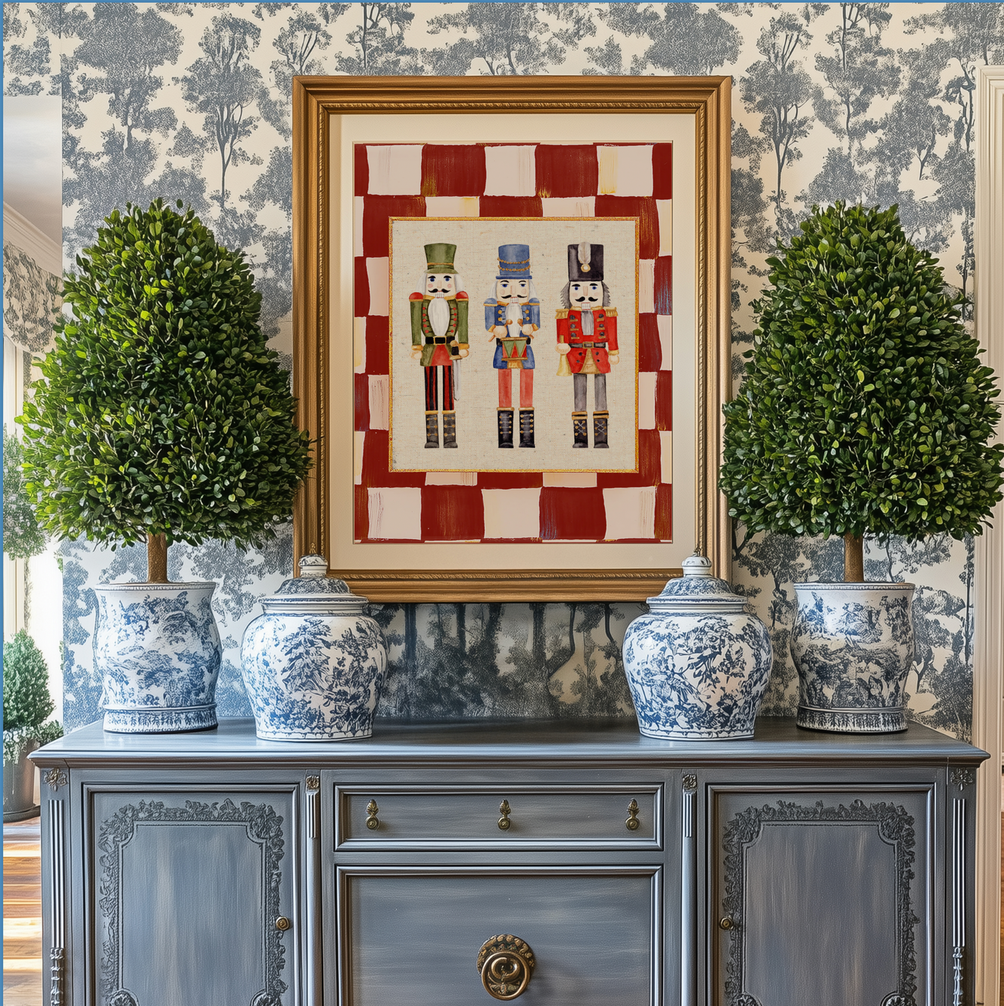 Nutcracker Holiday Print, Christmas Art, Three Kings Nutcracker Artwork, Holiday Wall Art in Red Check