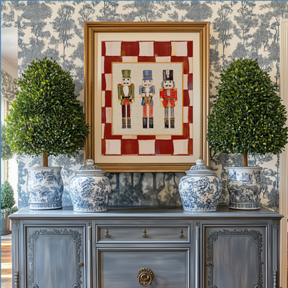 Nutcracker Holiday Print, Christmas Art, Three Kings Nutcracker Artwork, Holiday Wall Art in Red Check