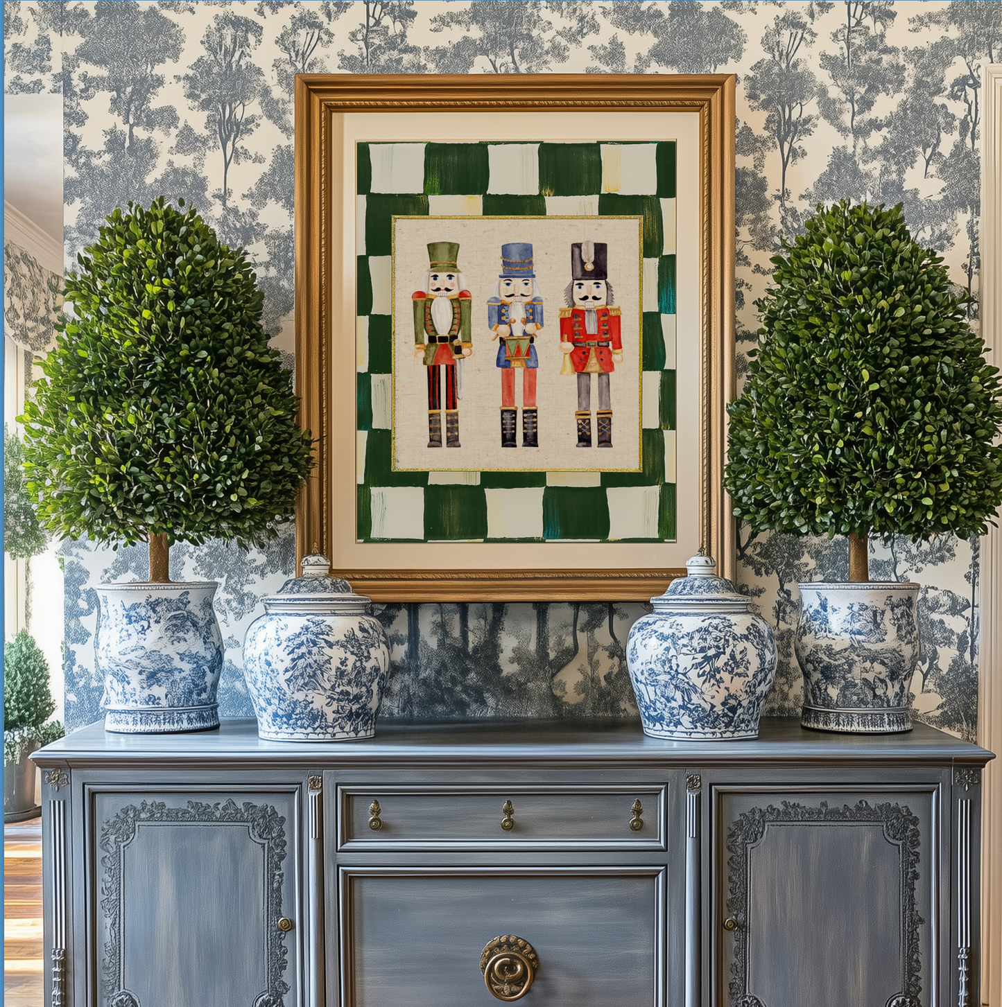 Nutcracker Holiday Print, Christmas Art, Three Kings Nutcracker Artwork, Holiday Wall Art , Green Check