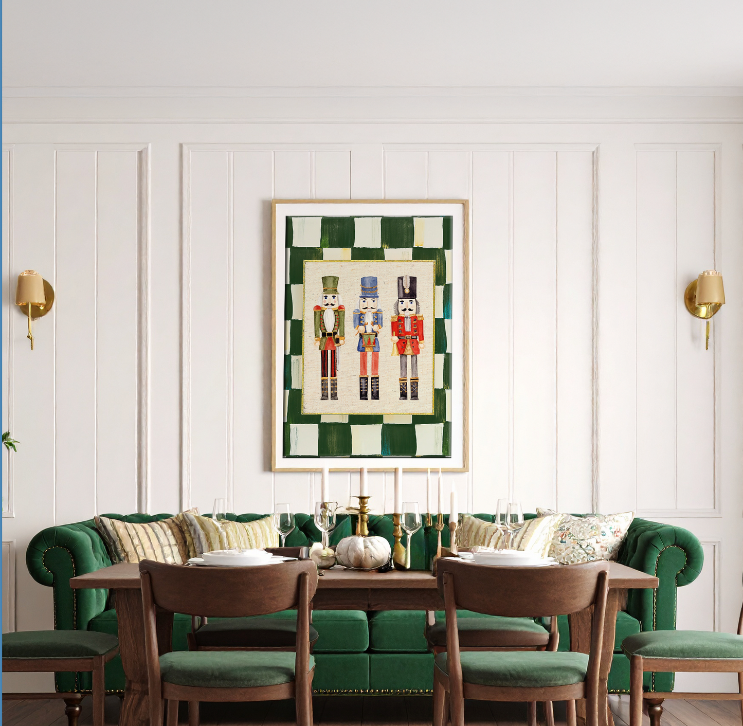 Nutcracker Holiday Print, Christmas Art, Three Kings Nutcracker Artwork, Holiday Wall Art , Green Check