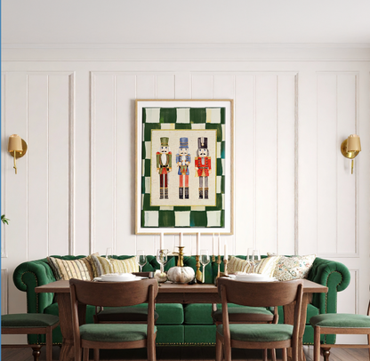 Nutcracker Holiday Print, Christmas Art, Three Kings Nutcracker Artwork, Holiday Wall Art , Green Check