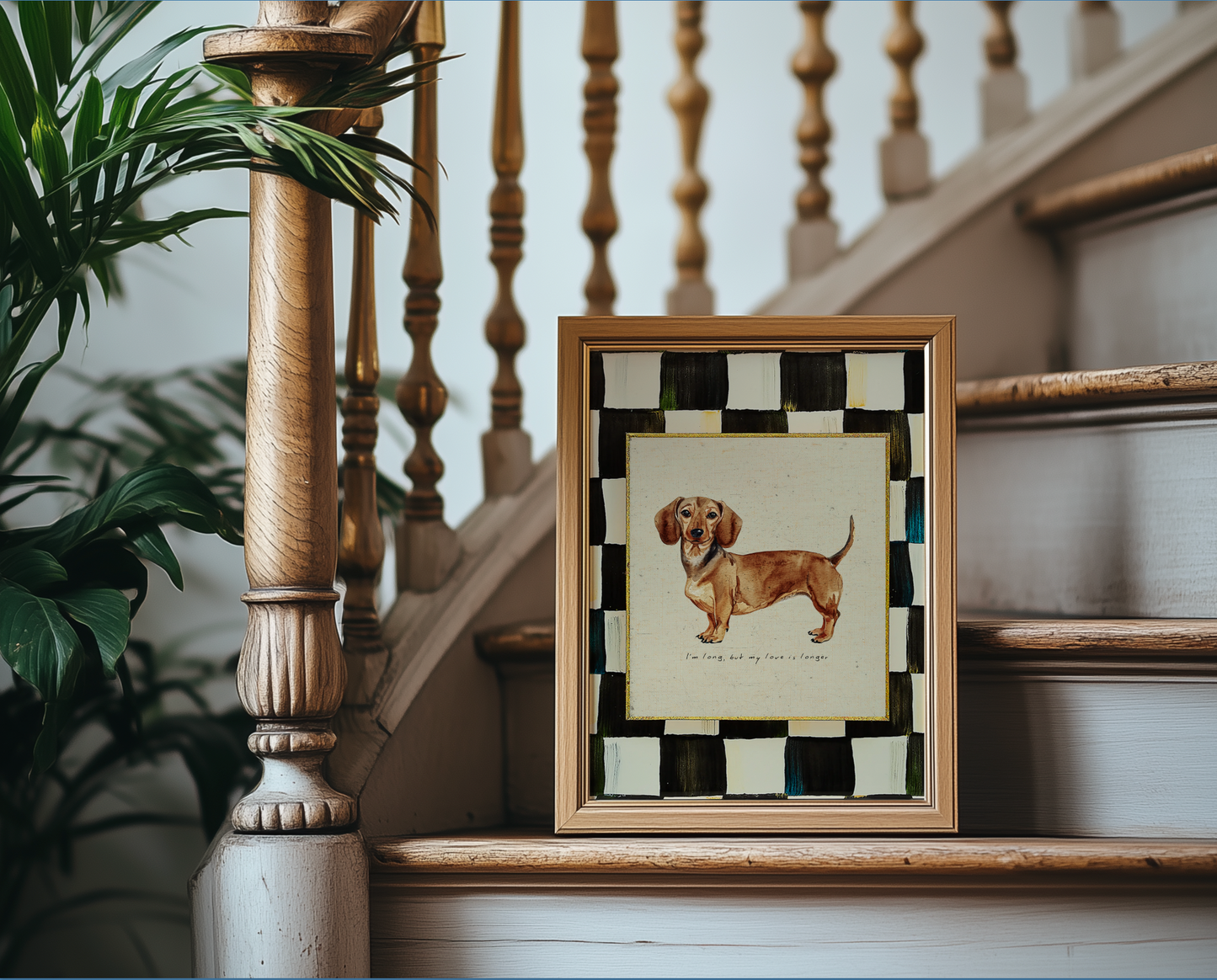 Brown Dachshund Print, Black and White Check Wall Art, Sausage Dog Illustration, Dachshund Artwork
