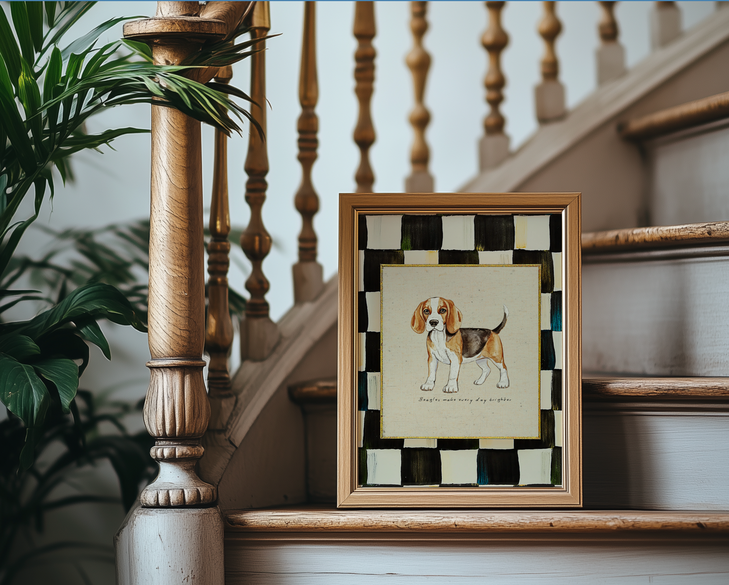 Beagle Dog Print, Black and White Check Wall Art, Beagle Illustration, Dog Lover Artwork