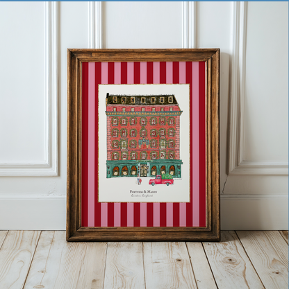 Fortnum & Mason in Winter, London Store Watercolor Illustration on Striped Background