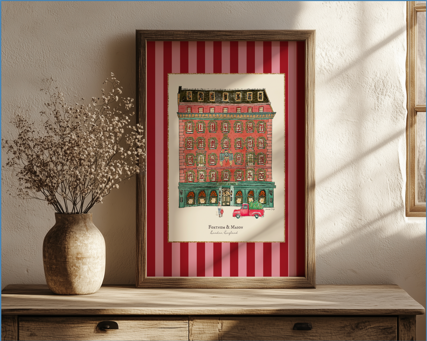 Fortnum & Mason in Winter, London Store Watercolor Illustration on Striped Background