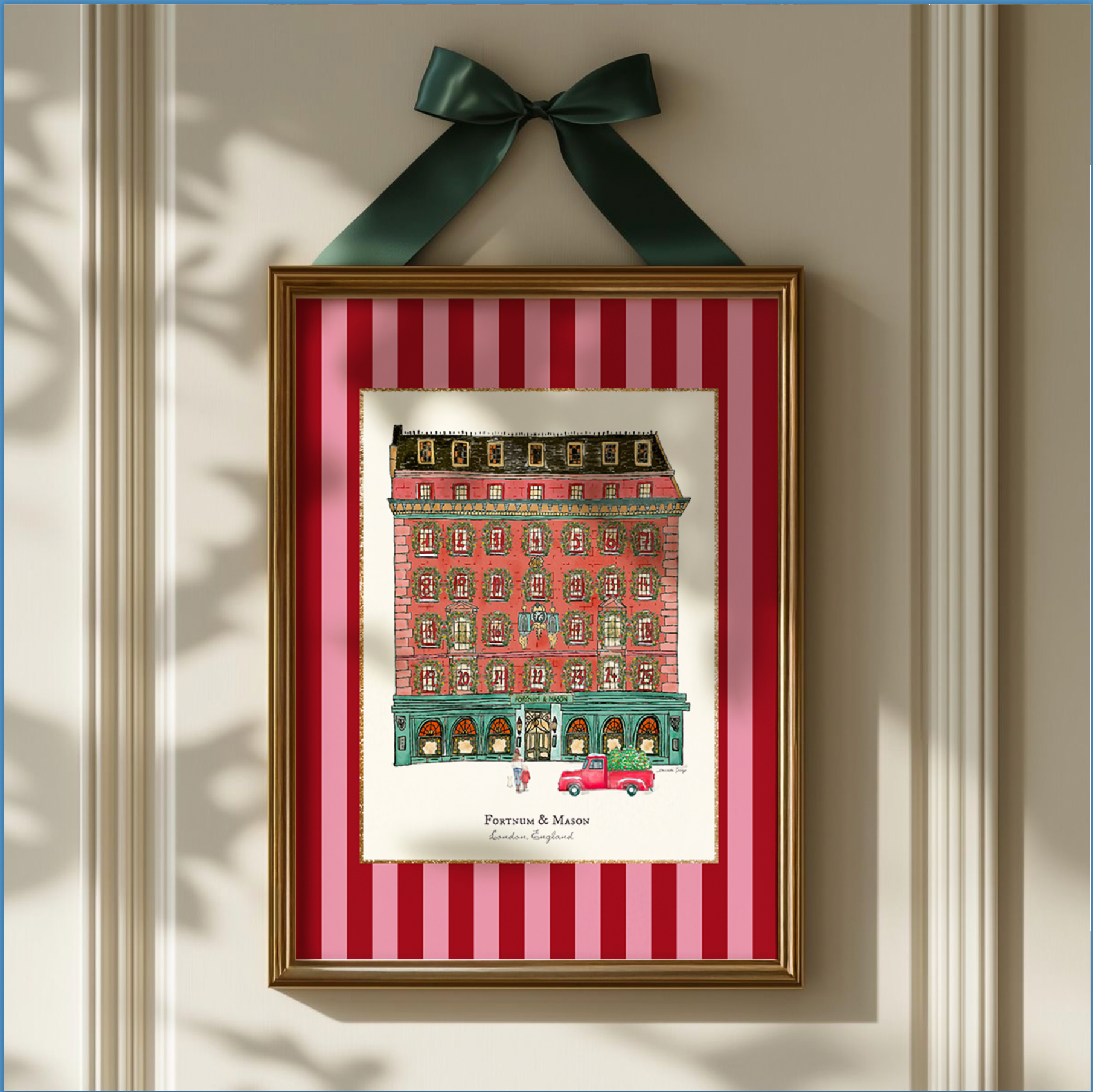 Fortnum & Mason in Winter, London Store Watercolor Illustration on Striped Background