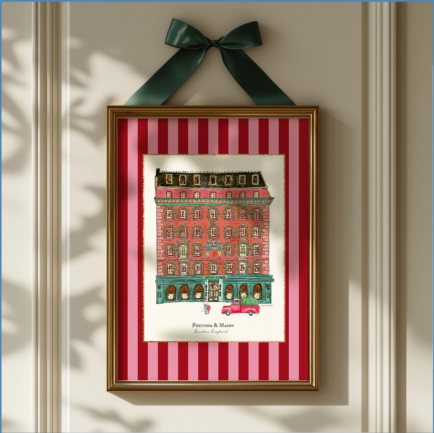 Fortnum & Mason in Winter, London Store Watercolor Illustration on Striped Background