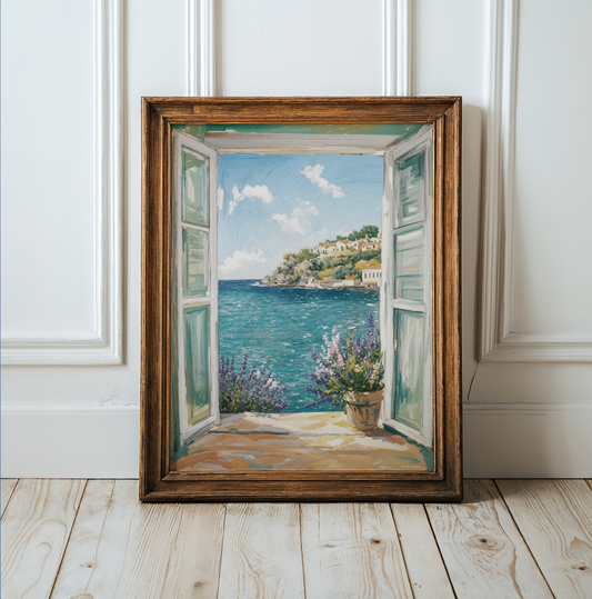 French Riviera Wall Art Coastal Print  Côte d’Azur Ocean View, Cottage Window Sea View with Lavender, French Coast Print