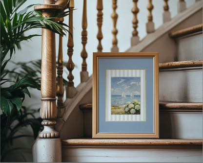 Coastal Watercolor Set of 3 with Blue Border, Nantucket Print Cape Cod Illustration Hydrangea Artwork