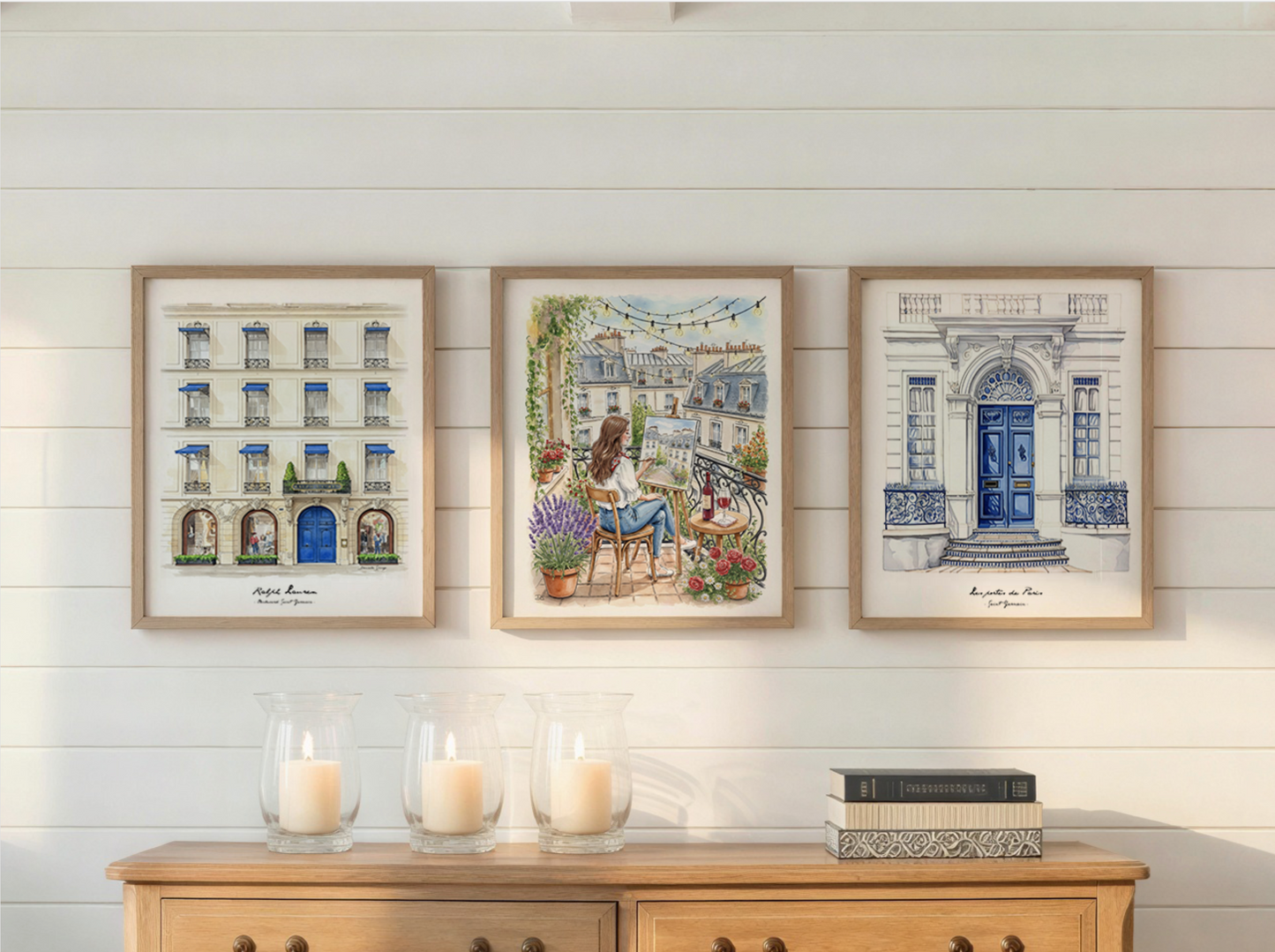 Set of 3 Paris Prints  Parisian Wall Art with Haussmann Architecture, Ralph Lauren Store,  Balcony Scene & Saint-Germain Illustration
