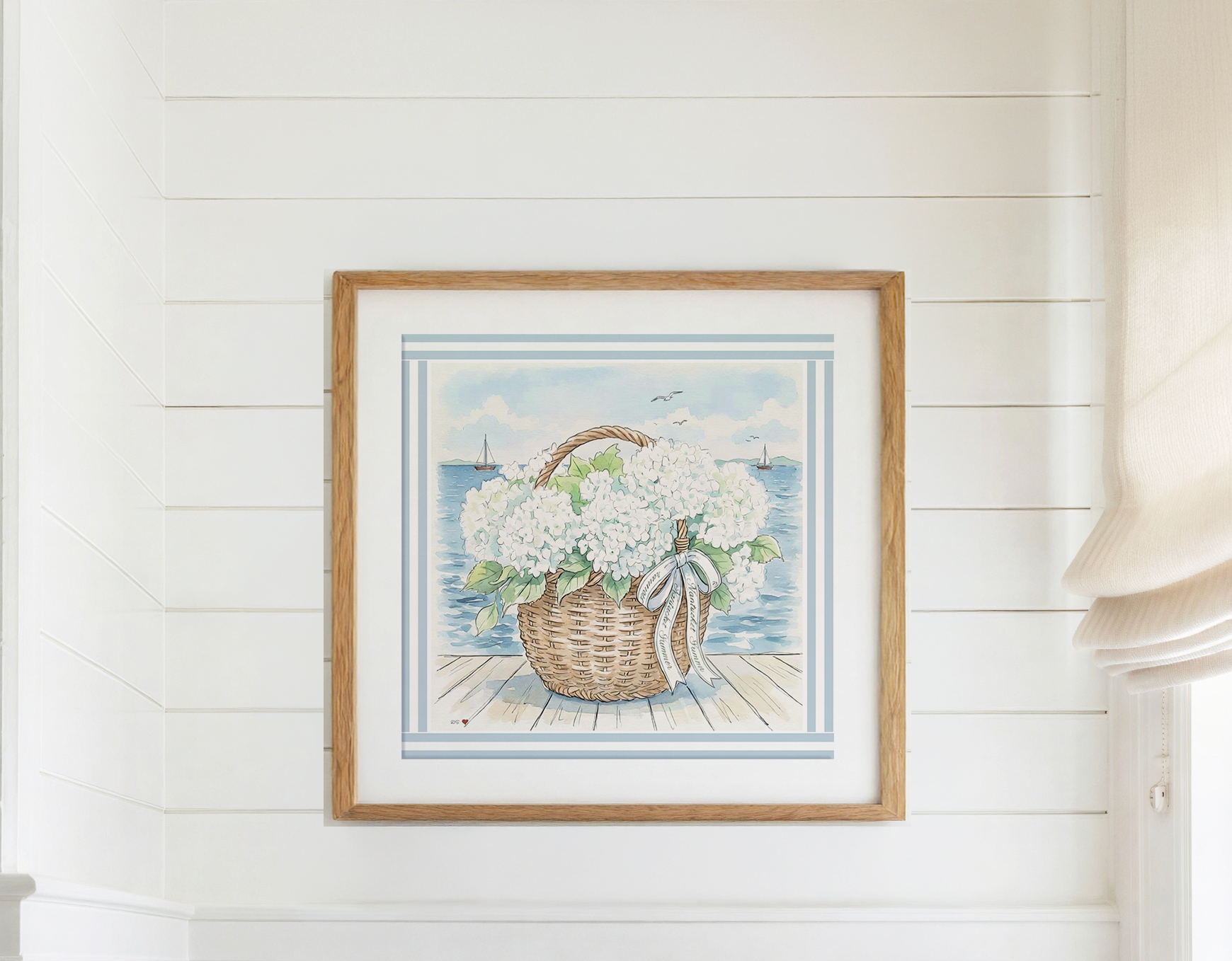 Nantucket Basket Watercolor Print Hydrangea Artwork Coastal Wall Art Sailboat  Beach House Decor New England Art