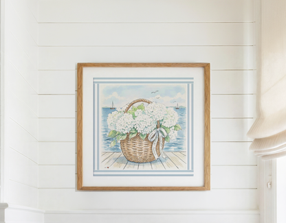 Nantucket Basket Watercolor Print Hydrangea Artwork Coastal Wall Art Sailboat  Beach House Decor New England Art