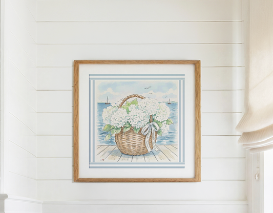 Nantucket Basket Watercolor Print Hydrangea Artwork Coastal Wall Art Sailboat  Beach House Decor New England Art