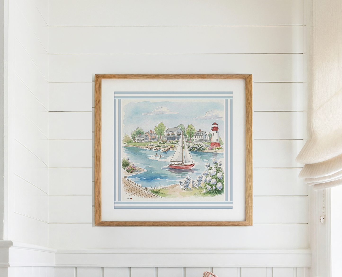 New England Art Print Coastal Watercolor Wall Decor Lighthouse, Sailboat & Beach House Artwork