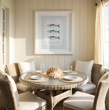 Sardines, Lobster & Coral Wall Art. Gallery Print Set of 3 - Denim Blue