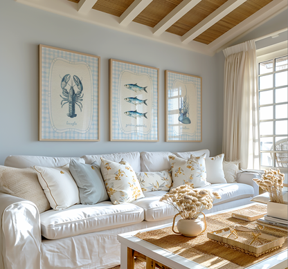 Sardines, Lobster & Coral Wall Art. Gallery Print Set of 3 - Denim Blue
