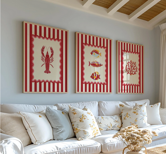 Lobster, Sardines & Coral Wall Art. Gallery Print Set of 3 - Nantucket Red
