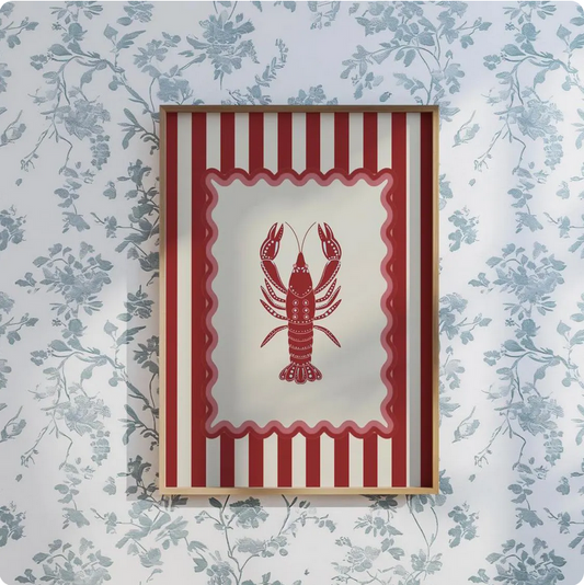 Lobster, Sardines & Coral Wall Art. Gallery Print Set of 3 - Nantucket Red